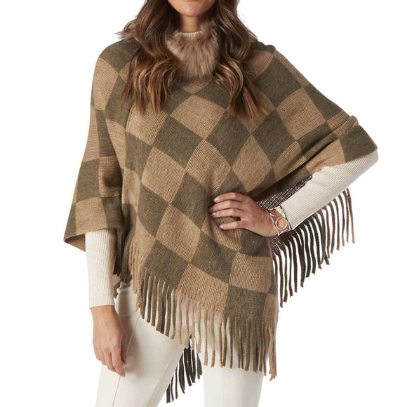 Taupe and Brown Poncho with Faux Fur Collar