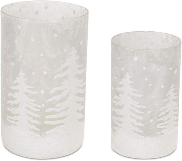 Candle Holder  Silver & White w/Trees 68420