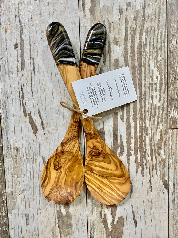 Olive Wood Utensils-Blk/Wht/Gld